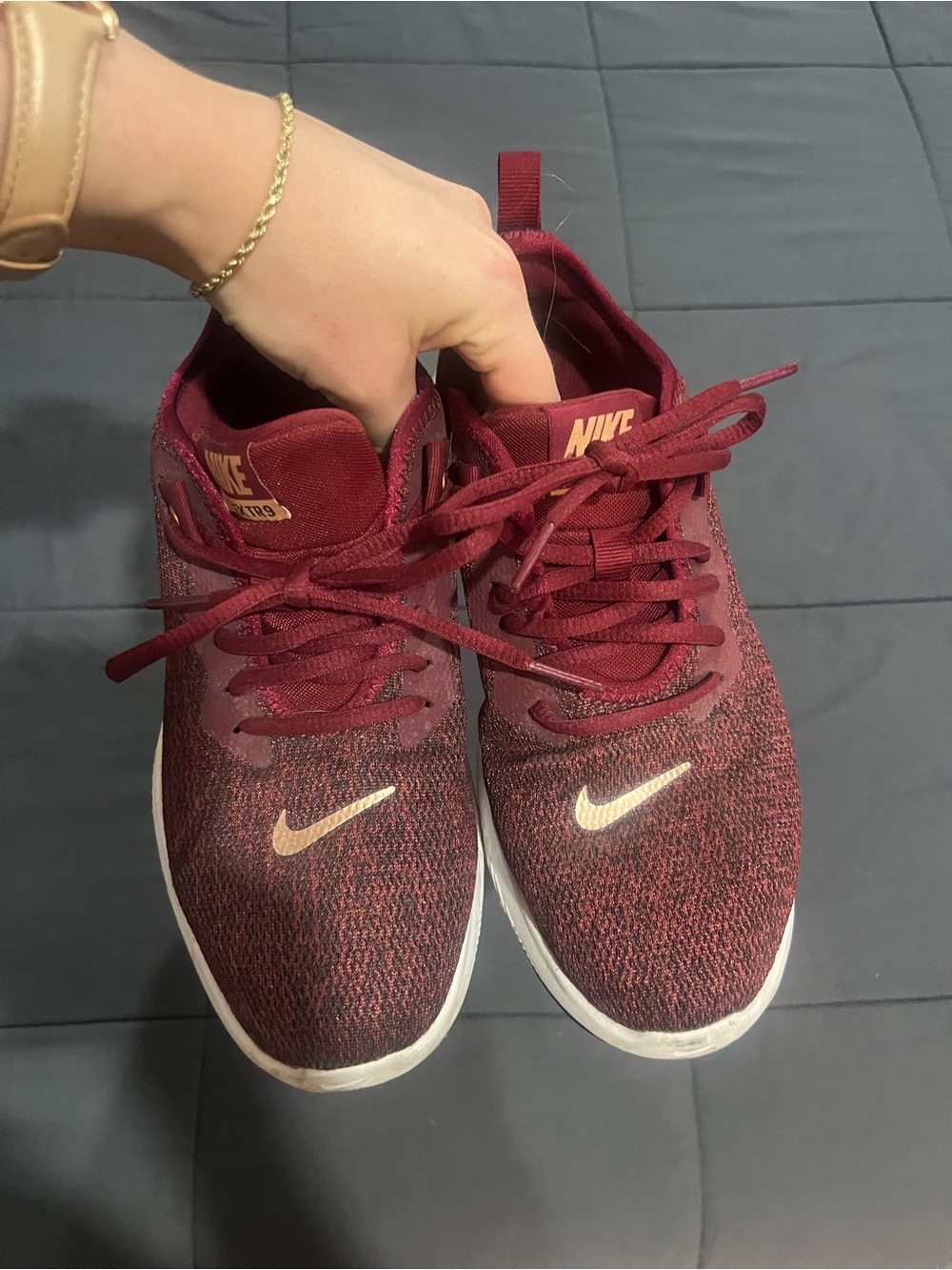Nike Women's Burgundy Knit Sneakers with Gold Swoosh